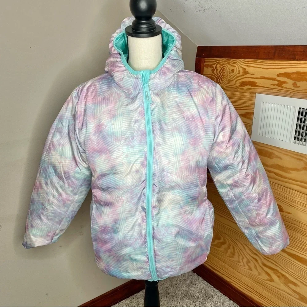 Eddie Bauer Girls Reversible Teal Blue Purple Down Puffer Jacket Extra Large 16